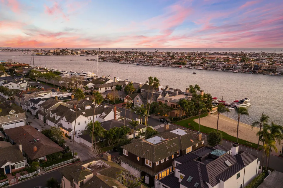 Aerial photo of Newport Harbor at sunset