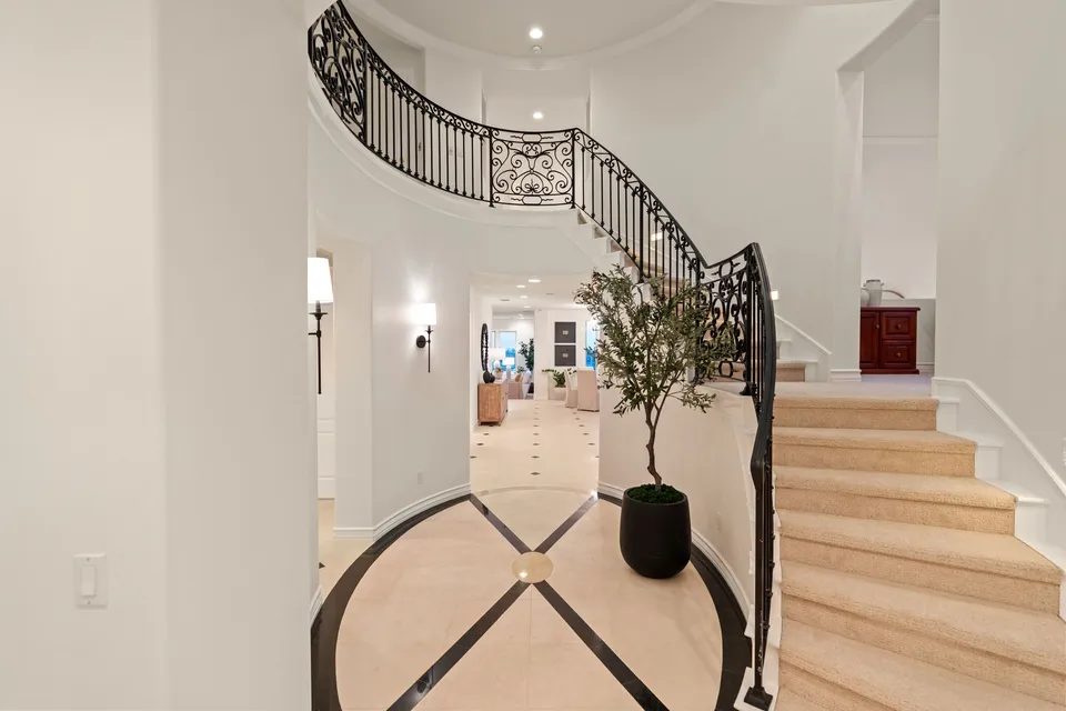 Entry hall with a curved iron staircase