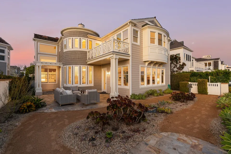 Rear yard and patio at dusk