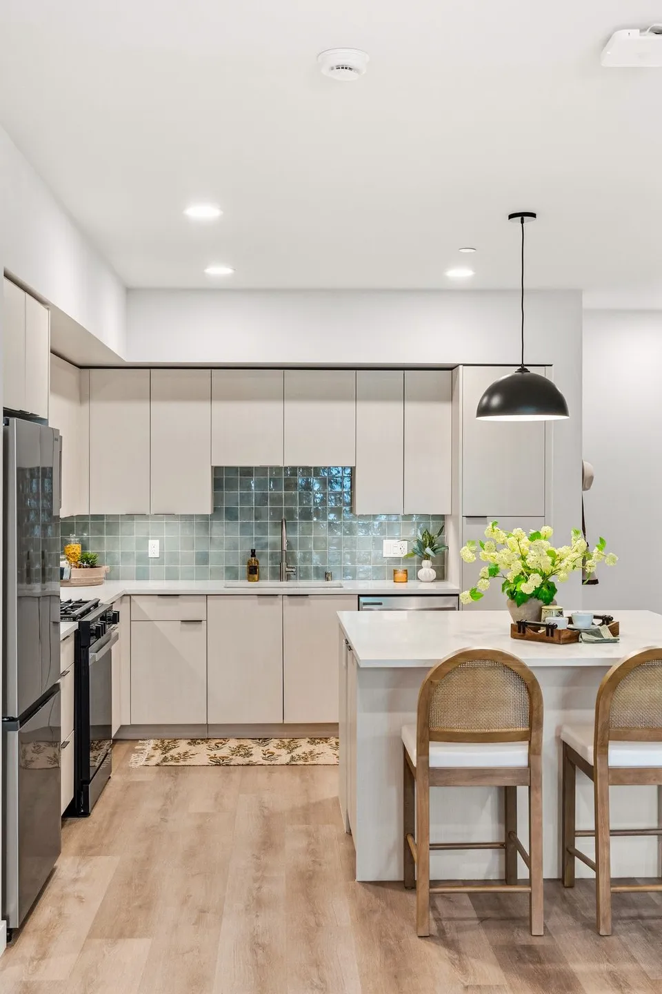 Model apartment kitchen with an island